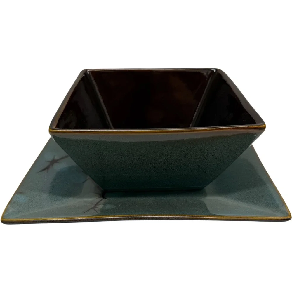 Pier 1 Tranquil Stoneware Square Bowl and Plate Set Blue Floral Teal Brown